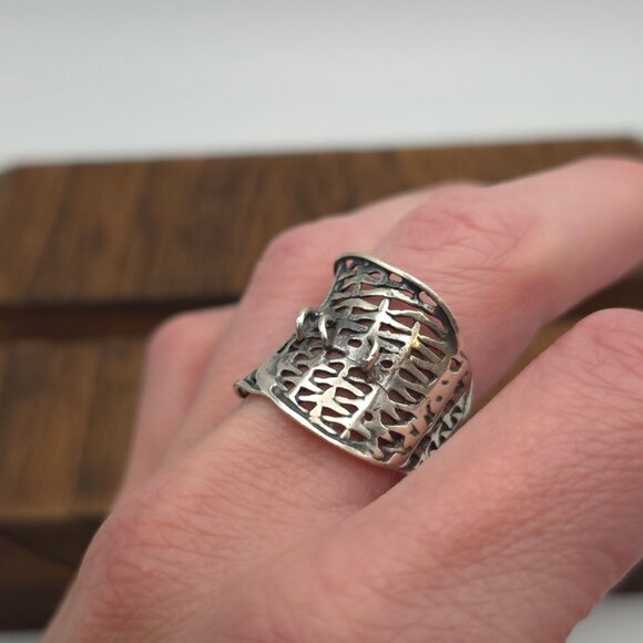 Size 9.5 925 Sterling Silver Rustic Odd Dark Style Wide Ring - Picture 2 of 7